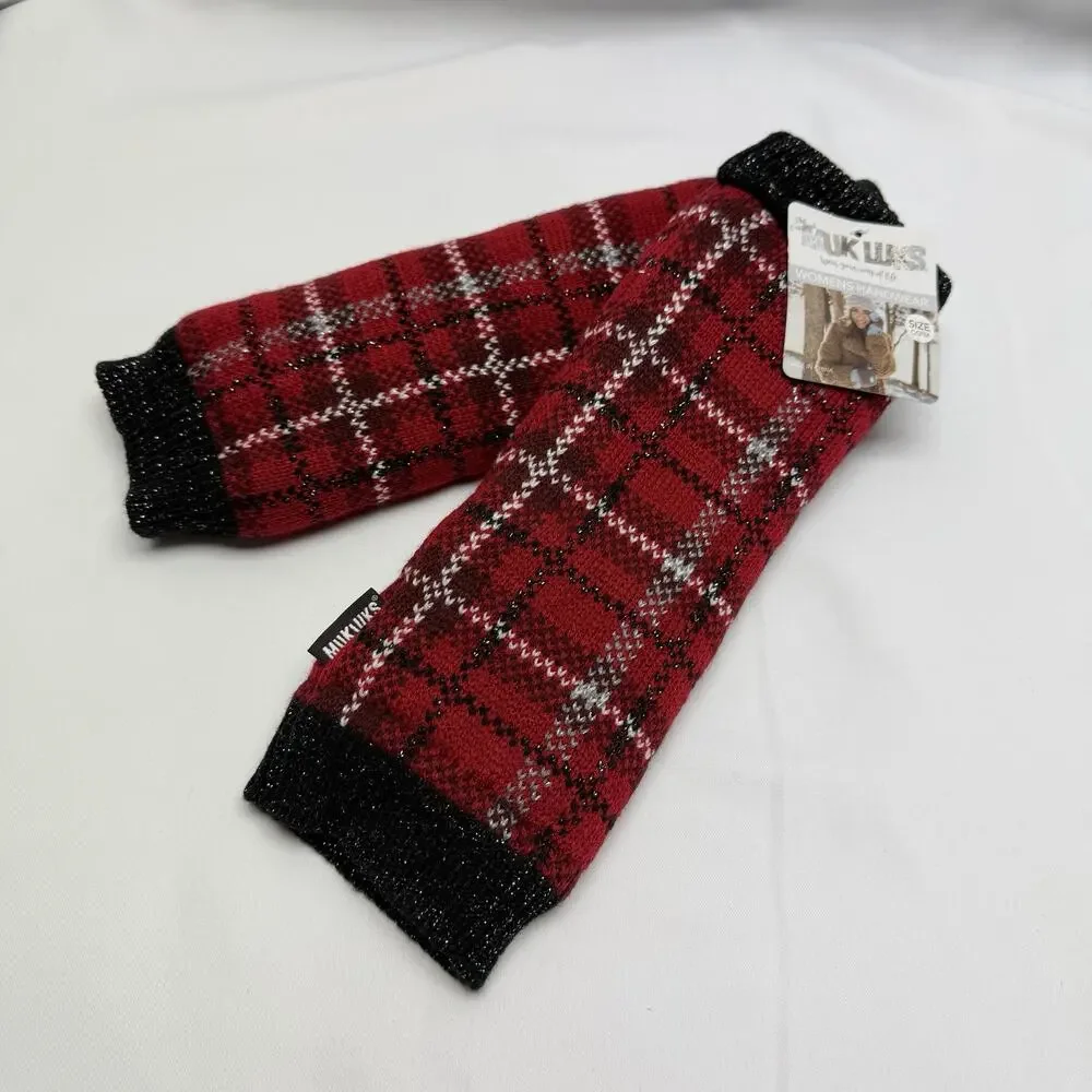 Muk Luks Fingerless Gloves Women’s OSFM Red Plaid Knit Arm Warmers NWT